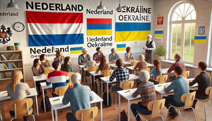 Dall%c2%b7e 2024 09 17 12.14.04   a classroom scene with adult and elderly students from ukraine and russia learning dutch. the correct dutch flag  with horizontal red  white  and blue